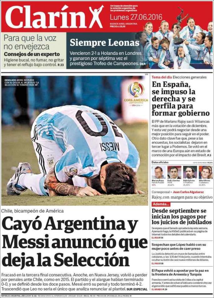 La renuncia de Messi en la tapa de los diarios del mundo